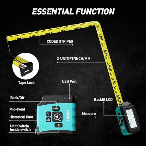 شريط قياس رقمي 2 في 1 من ACPOTEL - قياس شريط قياس 16 قدم، قابل لإعادة الشحن عبر USB شريط قياس فوري لعرض البيانات، 20 مجموعة ذاكرة تاريخية لقياس دقيق in Kuwait