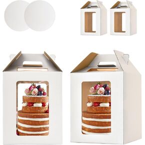 XININSUN Tall Cake Box with 6 Windows and Cake Boards, 10x10x12&12x12x14 Large Tiered Cake Boxes,Tall Cake Carrier,large Layer cake box Cake Containers for 10" & 12" Cakes (2Pcs-White)