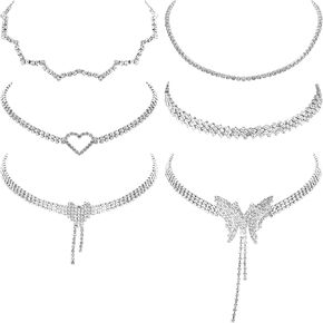 NEWITIN 6 Pieces Rhinestone Choker Necklace for Women Sparkly Crystal Necklaces Dainty Zirconia Diamond Bridal Wedding Jewelry for Women