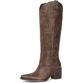 Pasuot Brown Cowboy Boots for Women - Wide Calf Cowgirl Knee High Western Boots with Side Zip and Embroidered, Pointed Toe Chunky Heel Retro Classic Tall Boot Pull On for Ladies Fall Winter US 13