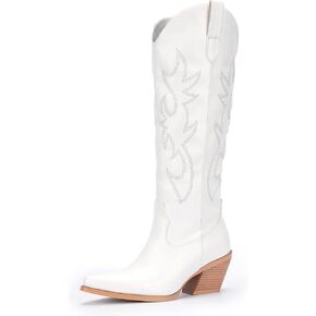 Pasuot Brown Cowboy Boots for Women - Wide Calf Cowgirl Knee High Western Boots with Side Zip and Embroidered, Pointed Toe Chunky Heel Retro Classic Tall Boot Pull On for Ladies Fall Winter US 13