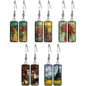 WIRESTER 5 Pairs Glass Rectangle Earrings Drop Dangle Earrings Fashion Jewelry Accessories For Girl Women - Sunflowers, The Starry Night, Irises, Almond Blossom, Cafe Terrace At Night Van Gogh