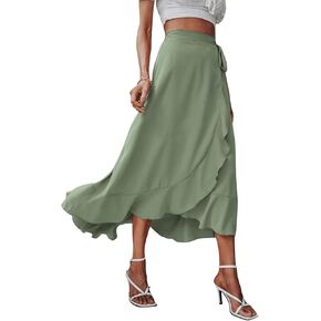 SweatyRocks Women's High Waist Wrap Front Solid Midi Skirt Ruffle Hem Tie Side Skirts Black XL