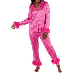 NUFIWI Women Pajamas Set Button Down Long Sleeve Sleepwear Feather Trim Nightwear Loungewear Pjs