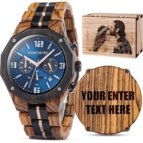 2win Engraved Wooden Watches for Men Chronograph Military Luxury Personalized Customized Wrist Watches Anniversary Watch Gift for Husband My Man Boyfriend Dad Son