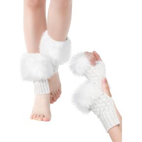 Winter Fluffy Leg Warmers and Wrist Cuffs Warmers Set, Include Knitted Faux Fur Boot Cuffs Fuzzy Leg Cuffs Knitting Furry Fingerless Gloves for Women Soft Plush Thumb Hole Mittens for Girls, Black