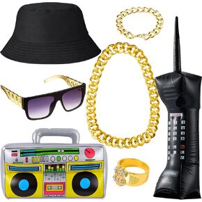 YAROMO 80s/90s Rapper Hip Hop Costume Kit, 7 Pack 80s/90s Party Supplies Decorations Cosplay Props 80s 90s Costumes Outfit for Men Women (Red)