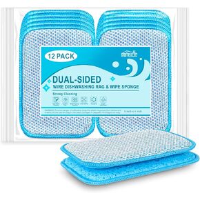 12 Pack Scrub & Wipe Cloths, Dual-Sided Sponges for Kitchen, All-Purpose Cloth for Dishes, Pots, Pans, Non-Stick Cookware, Countertops (Red, Yellow, Blue)