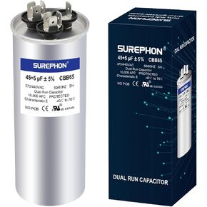 مكثف تشغيل SUREPHON CBB65 للتيار المتردد 45/5 فائق التوهج 45+5 MFD مزدوج 370-440 فولت، يعمل في أنظمة التدفئة والتهوية وتكييف الهواء، ومكيفات الهواء، والمضخات الحرارية in Kuwait
