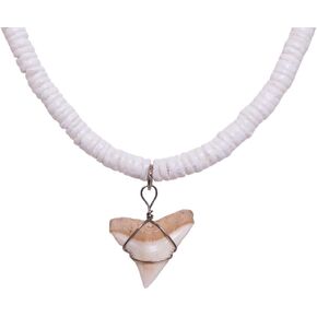 BlueRica Shark Tooth on Puka Shell & Coconut Beads Necklace (18" 3U)