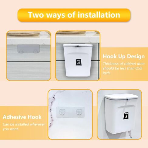 VIGIND 9L/2.4 Gallon Hanging Trash Can for Kitchen Cabinet Door with Lid, Small Under Sink Garbage Can,Trash Bin for Bathroom, Wall Mounted Counter Waste Compost Bin, Plastic  (White) in Kuwait
