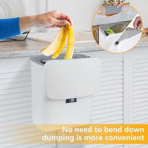 VIGIND 9L/2.4 Gallon Hanging Trash Can for Kitchen Cabinet Door with Lid, Small Under Sink Garbage Can,Trash Bin for Bathroom, Wall Mounted Counter Waste Compost Bin, Plastic  (White) in Kuwait