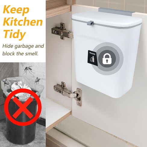 VIGIND 9L/2.4 Gallon Hanging Trash Can for Kitchen Cabinet Door with Lid, Small Under Sink Garbage Can,Trash Bin for Bathroom, Wall Mounted Counter Waste Compost Bin, Plastic  (White) in Kuwait