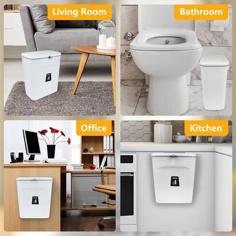 VIGIND 9L/2.4 Gallon Hanging Trash Can for Kitchen Cabinet Door with Lid, Small Under Sink Garbage Can,Trash Bin for Bathroom, Wall Mounted Counter Waste Compost Bin, Plastic  (White) in Kuwait