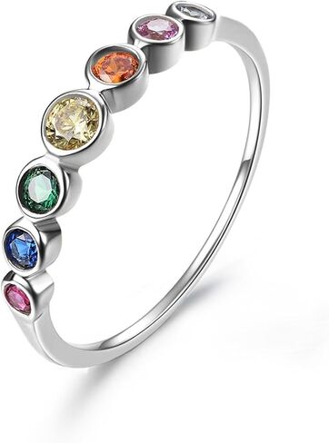E 14K Gold Women Rings Rainbow Eternity Thumb Rings Band Wedding Rings Round AAA Cubic Zirconia CZ Rings Dainty Colorful Rings for Women in Kuwait