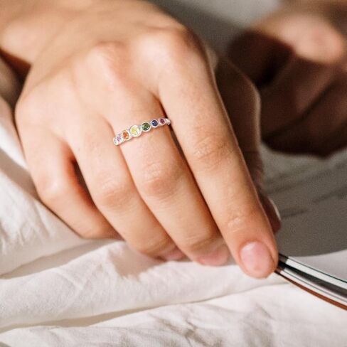 E 14K Gold Women Rings Rainbow Eternity Thumb Rings Band Wedding Rings Round AAA Cubic Zirconia CZ Rings Dainty Colorful Rings for Women in Kuwait