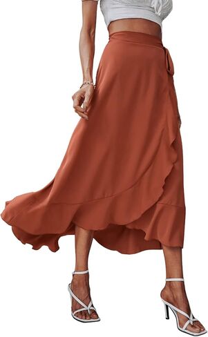SweatyRocks Women's High Waist Wrap Front Solid Midi Skirt Ruffle Hem Tie Side Skirts Black XL in Kuwait