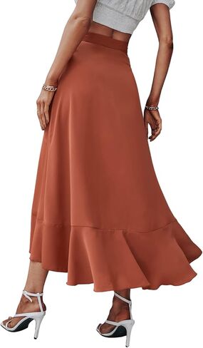 SweatyRocks Women's High Waist Wrap Front Solid Midi Skirt Ruffle Hem Tie Side Skirts Black XL in Kuwait
