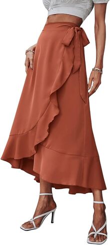 SweatyRocks Women's High Waist Wrap Front Solid Midi Skirt Ruffle Hem Tie Side Skirts Black XL in Kuwait