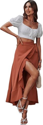 SweatyRocks Women's High Waist Wrap Front Solid Midi Skirt Ruffle Hem Tie Side Skirts Black XL in Kuwait