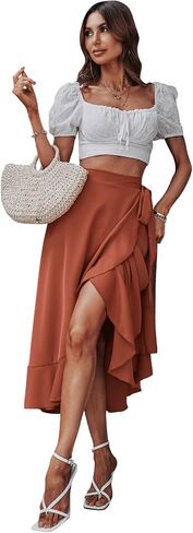 SweatyRocks Women's High Waist Wrap Front Solid Midi Skirt Ruffle Hem Tie Side Skirts Black XL in Kuwait