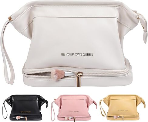 TOBEHIGHER Makeup Bag - Double Layer Travel Make up Bag, Travel Essentials Portable Leather Cosmetic Bag, Washable Waterproof Makeup Organizer Bag, White in Kuwait