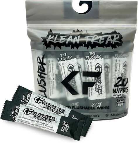 THE KLEAN FREAK FLUSHER - Flushable Wipes For Adults & Kids - 100% BIODEGRADABLE Individual Wrapped Travel WET Wipe for Toilet - Soothing Aloe & Witch Hazel - Alcohol Free 20 Pack - Mixed in Saudi Arabia