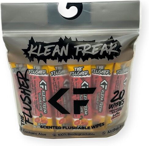 THE KLEAN FREAK FLUSHER - Flushable Wipes For Adults & Kids - 100% BIODEGRADABLE Individual Wrapped Travel WET Wipe for Toilet - Soothing Aloe & Witch Hazel - Alcohol Free 20 Pack - Mixed in Saudi Arabia
