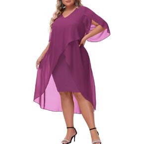 Hanna Nikole Womens Plus Size Chiffon Cocktail Dress Ruffle 3/4 Sleeve Wedding Guest Party Dresses with High Low Hem