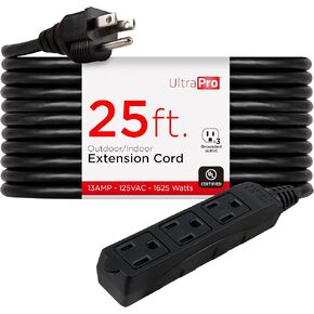 UltraPro GE 25 Ft Outdoor Extension Cord 3 Outlet Extension Cords Outlet Power Strip Long Extension Cord with Multiple Outlets Grounded Heavy Duty Extension Cord 16 Gauge UL Listed Black 36825-T1