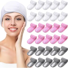 30 Pack Spa Headband Spa Facial Headband Spa Headband Bulk for Washing Face Makeup Headband for Shower Bath Sport Wrap Girls Headband Polyester Adjustable Towel with Hook and Loop Non Slip(White)