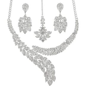 Touchstone Indian Hollywood paisley/scarf white crystals jewelry necklace set in silver tone for women