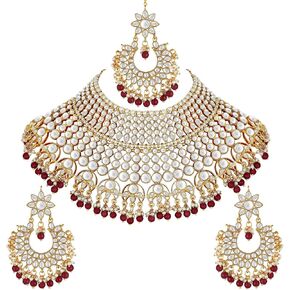 Aheli Wedding Designer Gold Tone Faux Kundan Studded Choker Necklace with Maang Tikka Set Indian Bridal Fashion Jewelry for Women(White)