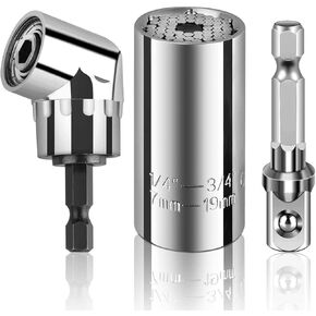 6PCS Universal Socket, 7mm-19mm Multi-function Socket Metric Wrench Power Drill Ratchet Adapter & 105 Degree Right Angle Extension Power Screwdriver Drill Set Hex Bit for Men, Dad DIY Handyman
