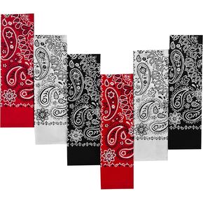 6 Pack 100% Cotton Bandana Gift Set - 22x22 Inches, Paisley, Red White Black - Bandannas for Men Women - Large Bandannas for Head - Western Cowboy Handkerchiefs in Bulk