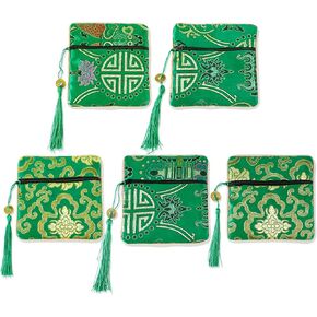 Onukaly 5PCS Jewelry Silk Purse Pouch, Chinese Silk Style Zipper Brocade Embroidered Bag for Women Coin Wallet (Deep Blue)