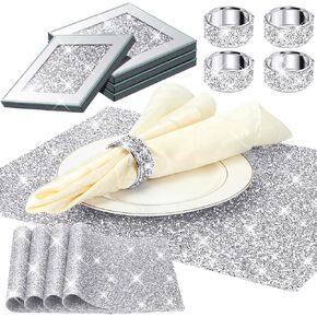 Dandat 12 Pcs Silver Napkin Rings Silver Rhinestone Placemat Glass Mirrored Coaster Set Includes 4 Circle Placemats 4 Glass Coasters 4 Glass Napkin Holder for Dinning Table Wedding Banquets