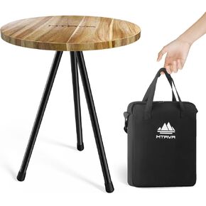 Folding Camping Wood Table, Small Portable Adjustable Camp Table with Storage Bag, Fold Up, Lightweight, Round, Original Teak, Foldable Table, Great for Outdoor Picnics, Beach, Camping