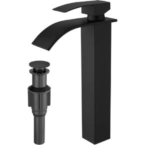 RUMOSE Tall Matte Black Bathroom Faucet Modern Single Handle 1 Hole Bathroom Vessel Sink Faucet Waterfall Spout Rv Lavatory Vanity Basin Faucet Deck Mount Mixer Tap, Stainless Steel