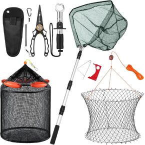 4 Pcs Large Foldable Floating Fishing Basket Collapsible Fishing Net with Telescoping Pole Handle and Crab Baskets Fish Lip Gripper Pliers Kit for Women and Man for Crabbing