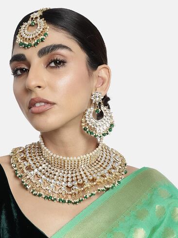Aheli الزفاف مصمم الذهب لهجة فو كوندان مرصع قلادة مع مانغ تيكا مجموعة مجوهرات الزفاف الهندية للمرأة, لؤلؤة in Kuwait