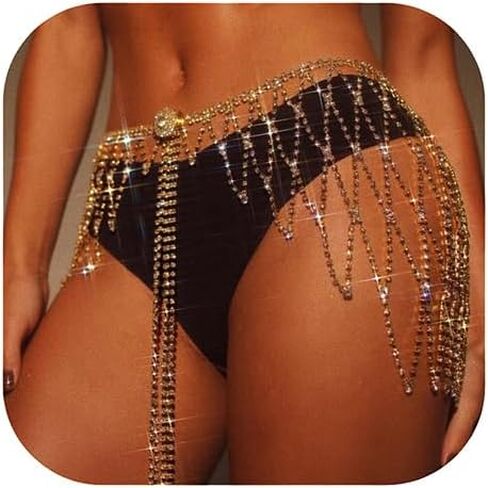 Rumtock Bling Gold Net Waist Chain with Rhinestones Tassel Fringe Chain Belly Mesh Skirt for Women Girls in Saudi Arabia