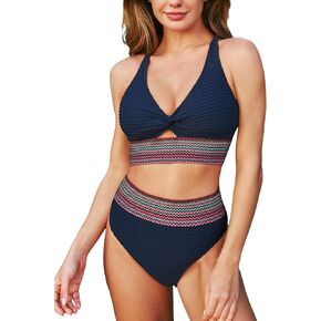 CUPSHE Women's Bikini Sets Two Piece Bathing Suit High Waisted Twist Cutout V Neck Swimsuit Keyhole