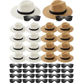 24 Set Straw Fedora Hat and Eyeglasses Bulk Wide Brim Panama Cuban Hat Adjustable Sun Hats for Men Women Havana Nights Beach Wedding Party Guest Gifts Favors