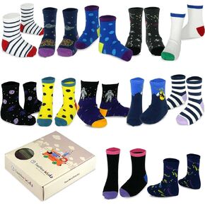 TeeHee Little Boys and Toddler Cotton Crew Socks 12 Pair Pack Gift Box (3-5 Years, Galaxy Space)