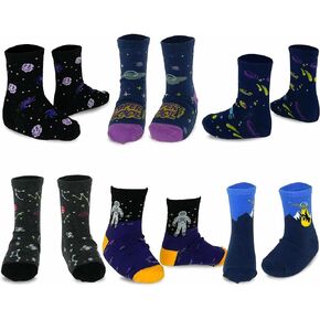 TeeHee Little Boys Fashion Fun Cotton Crew Socks 6 Pair Pack (9-10 Years, Galaxy Space)