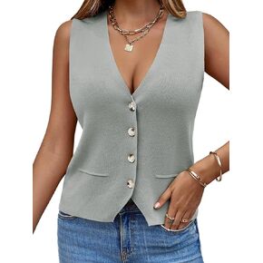 Saodimallsu Womens Sleeveless Sweater Vest Knit V Neck Button Fashion Casual Loose Spring Summer Waistcoat Cardigan