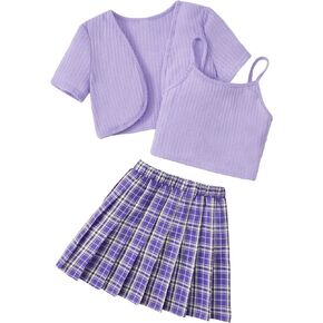 Verdusa Girl's 3 Piece Solid Cami Top Short Sleeve Kimono and Pleated Skirt Sets