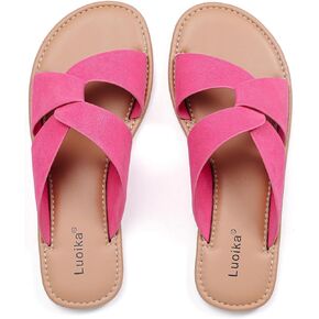 Luoika Women's Wide Width Flat Slides Sandals, Strapy Slide Sandal Slip on Dressy Summer Shoes for Women.
