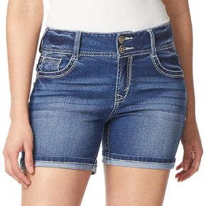 WallFlower Women's Luscious Curvy Denim Shorts Mid-Rise Bling and Belted Insta Stretch Juniors (Standard and Plus)